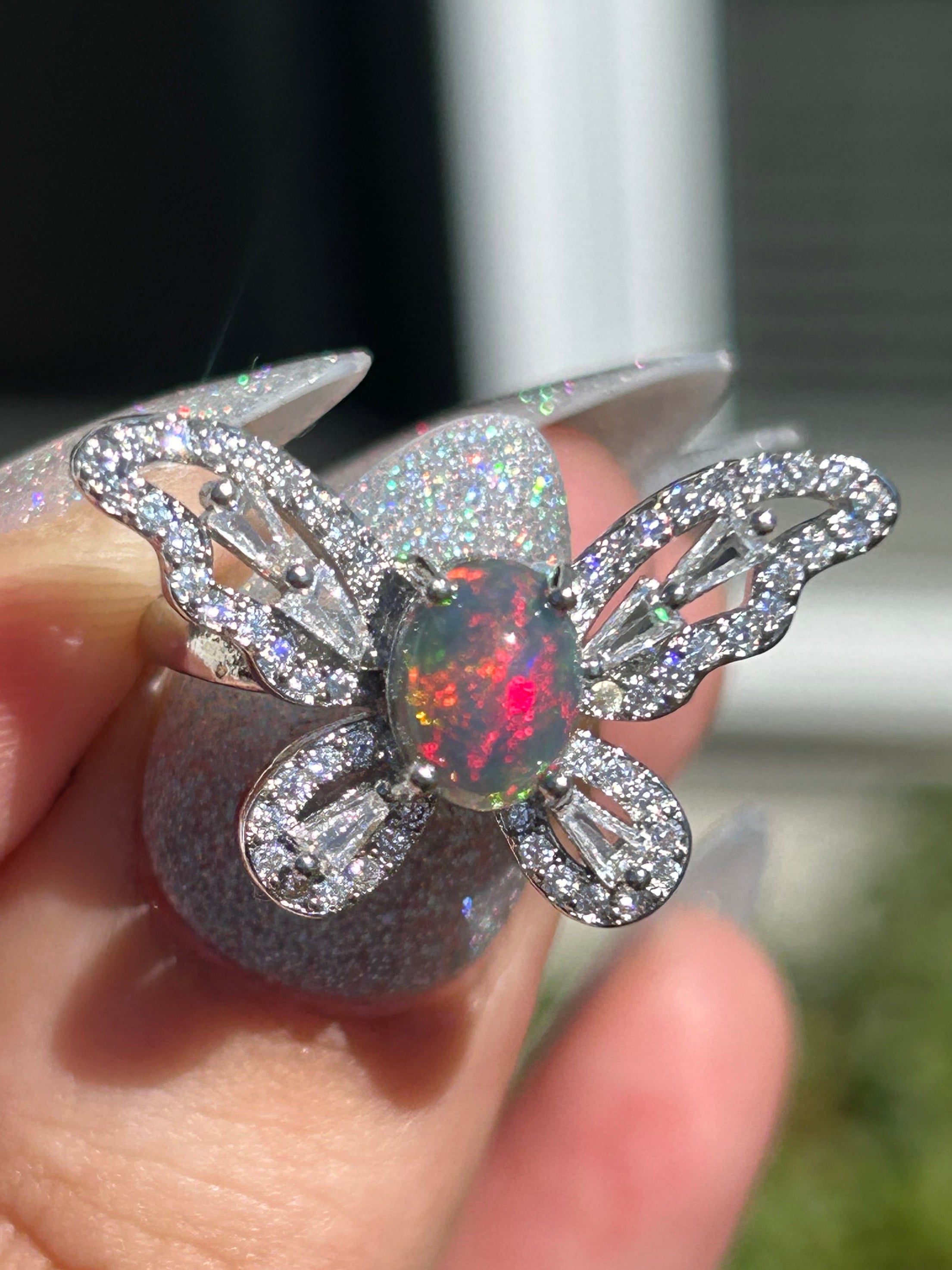 Black Opal Butterfly Adjustable Ring
