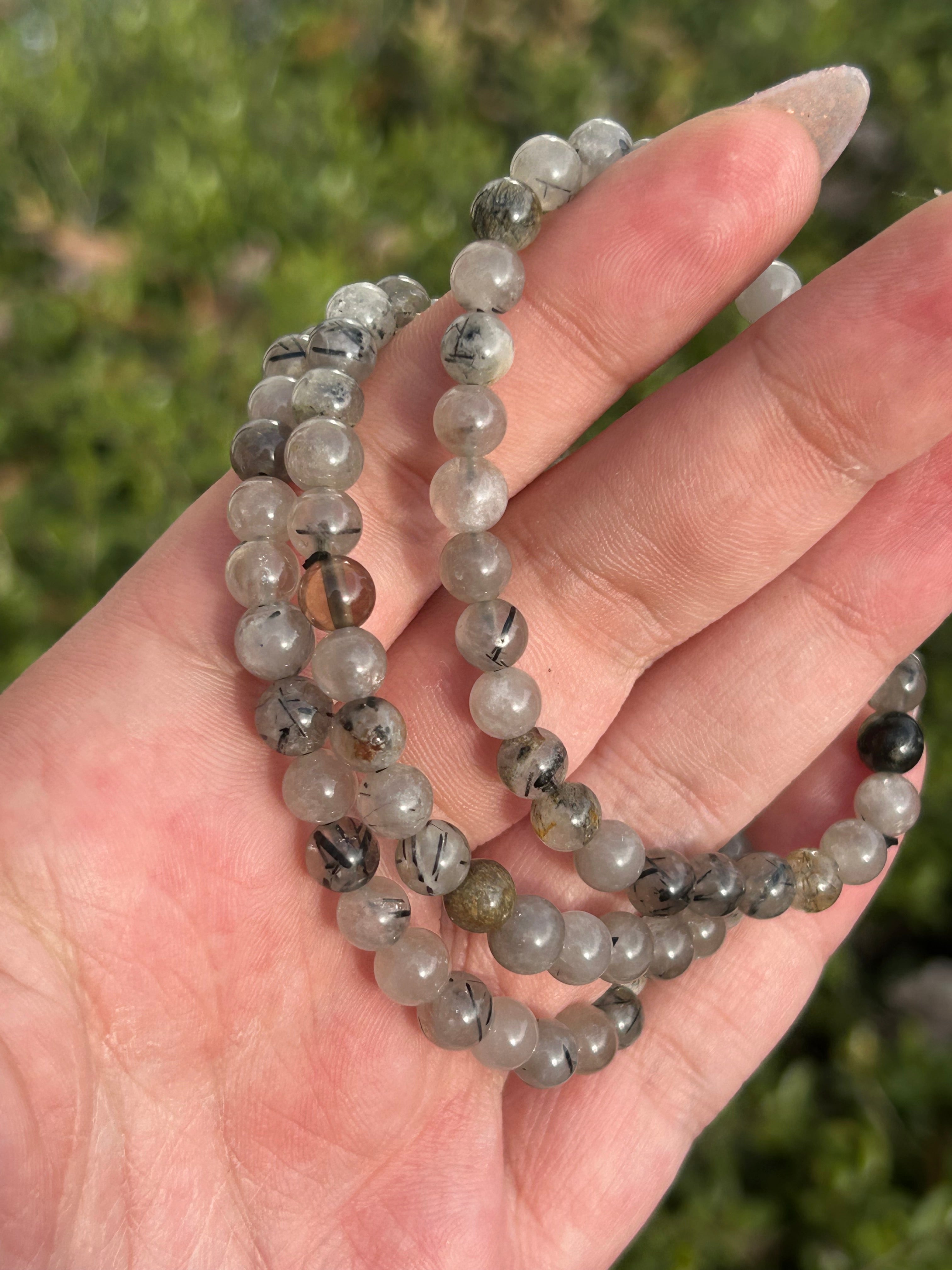 Black Tourmilated Quartz Bracelet • 4mm