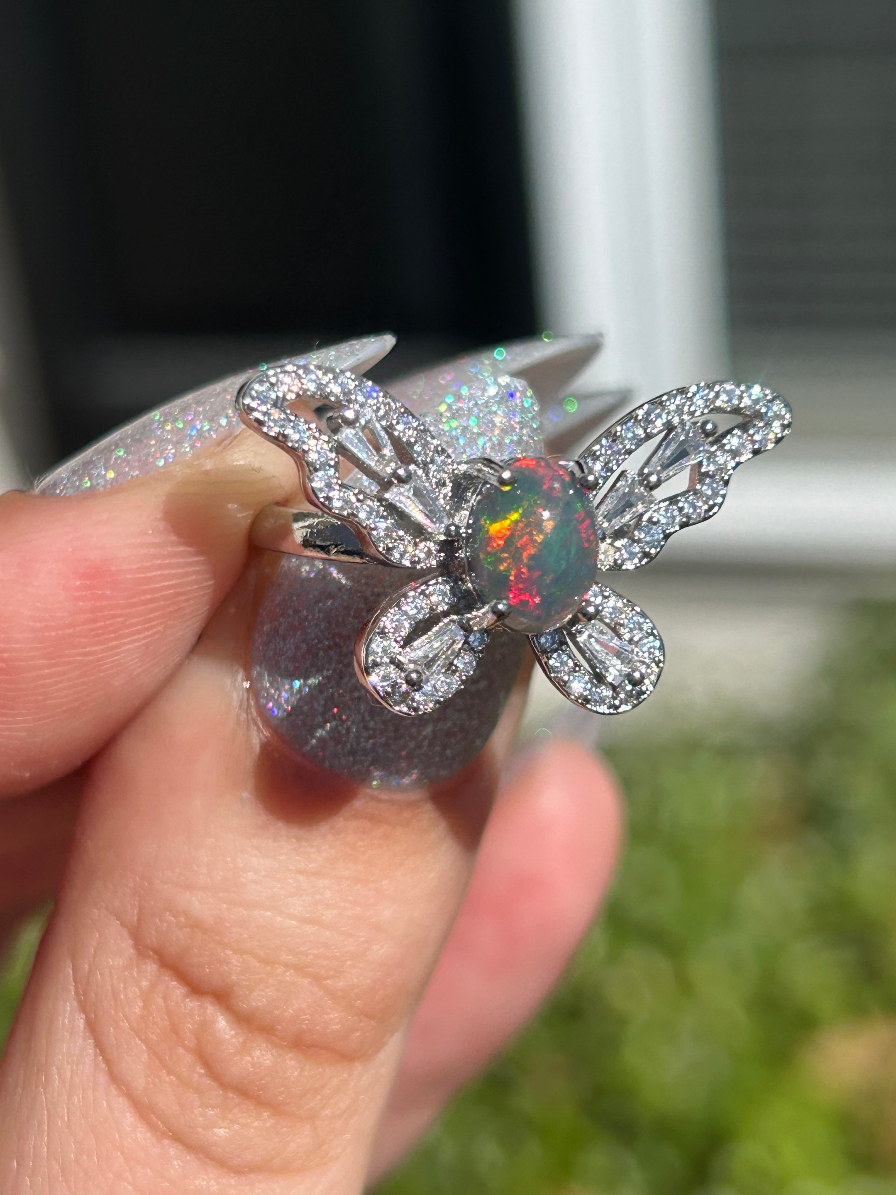 Black Opal Butterfly Adjustable Ring