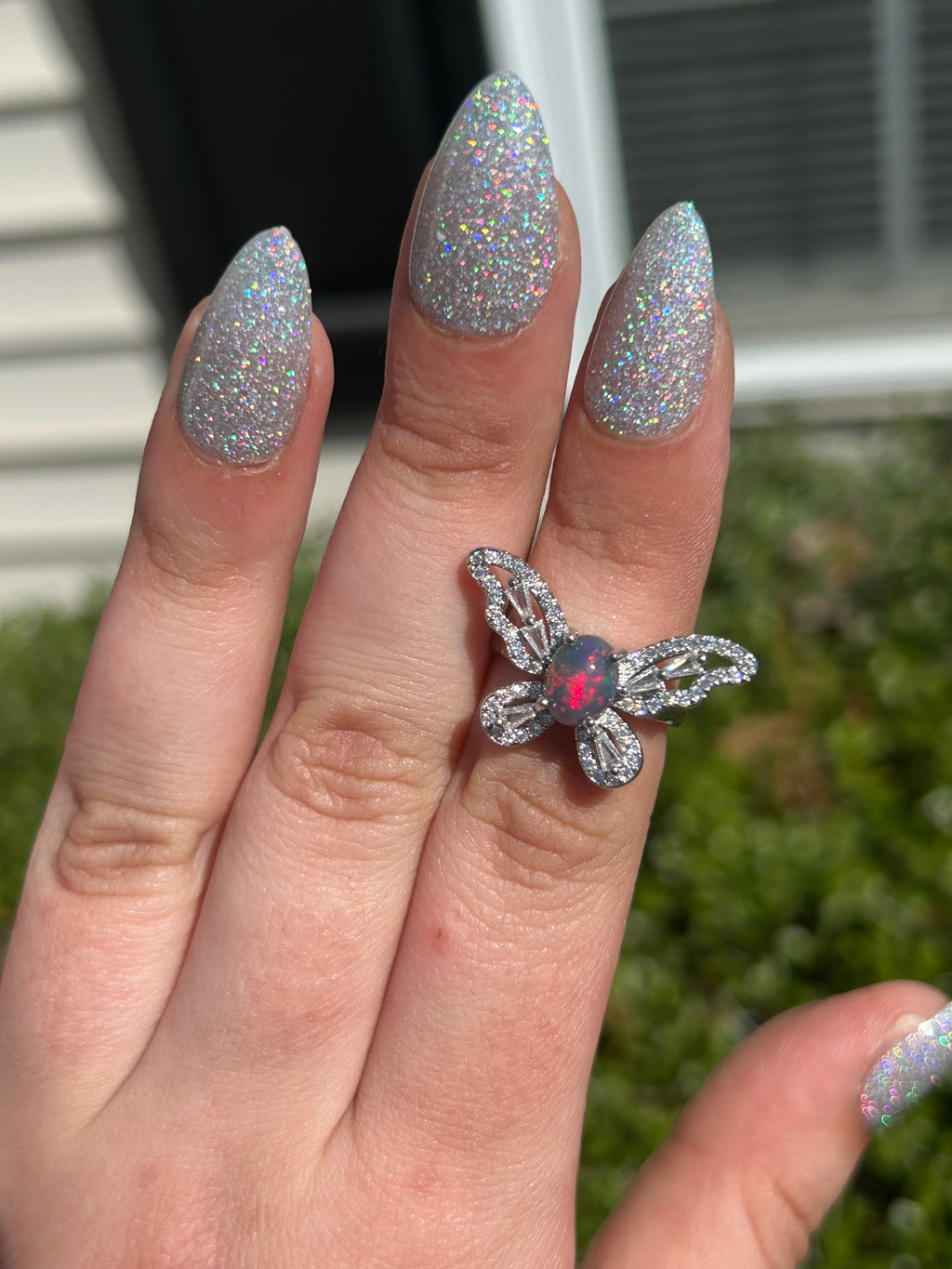 Black Opal Butterfly Adjustable Ring