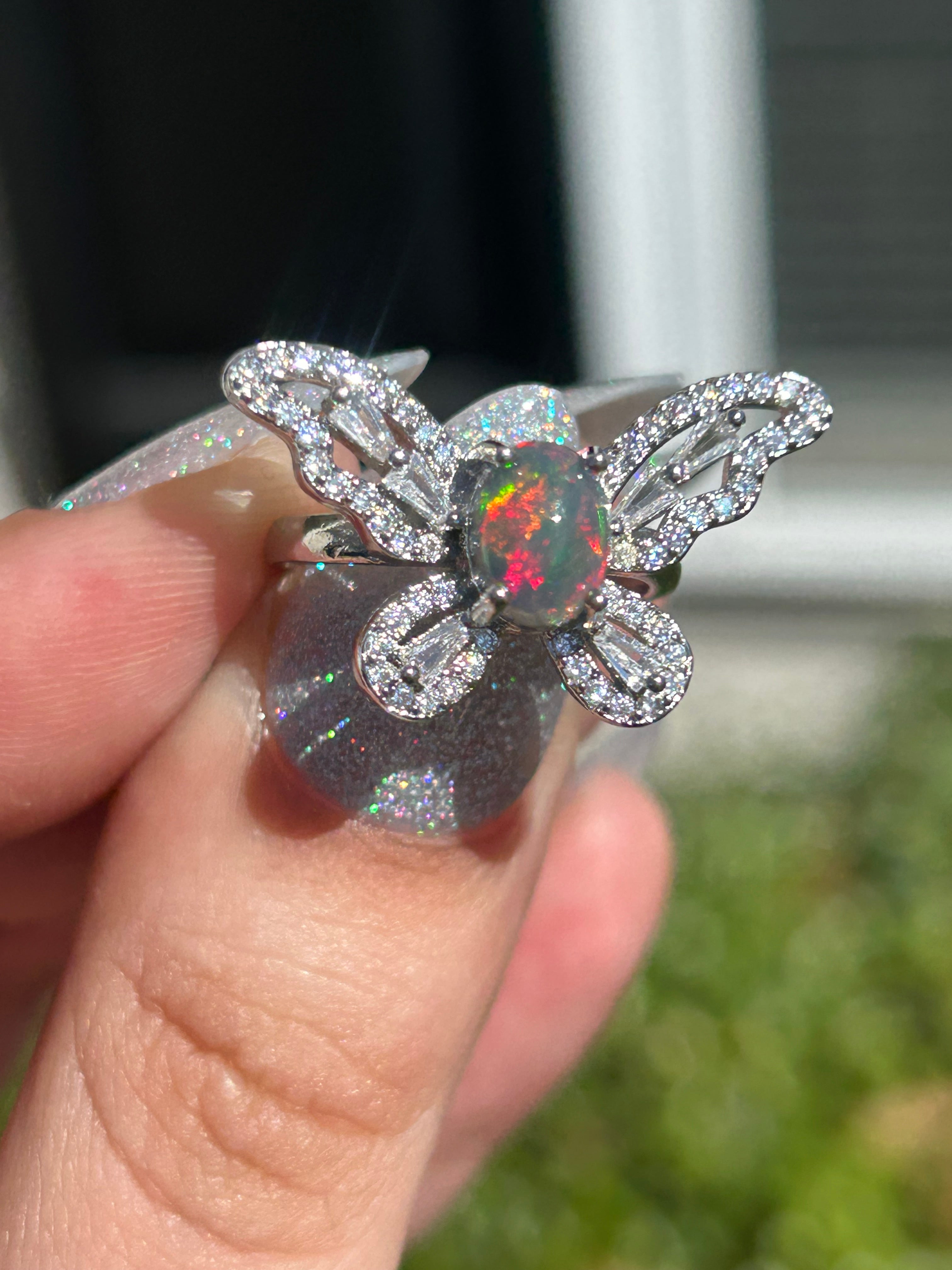 Black Opal Butterfly Adjustable Ring