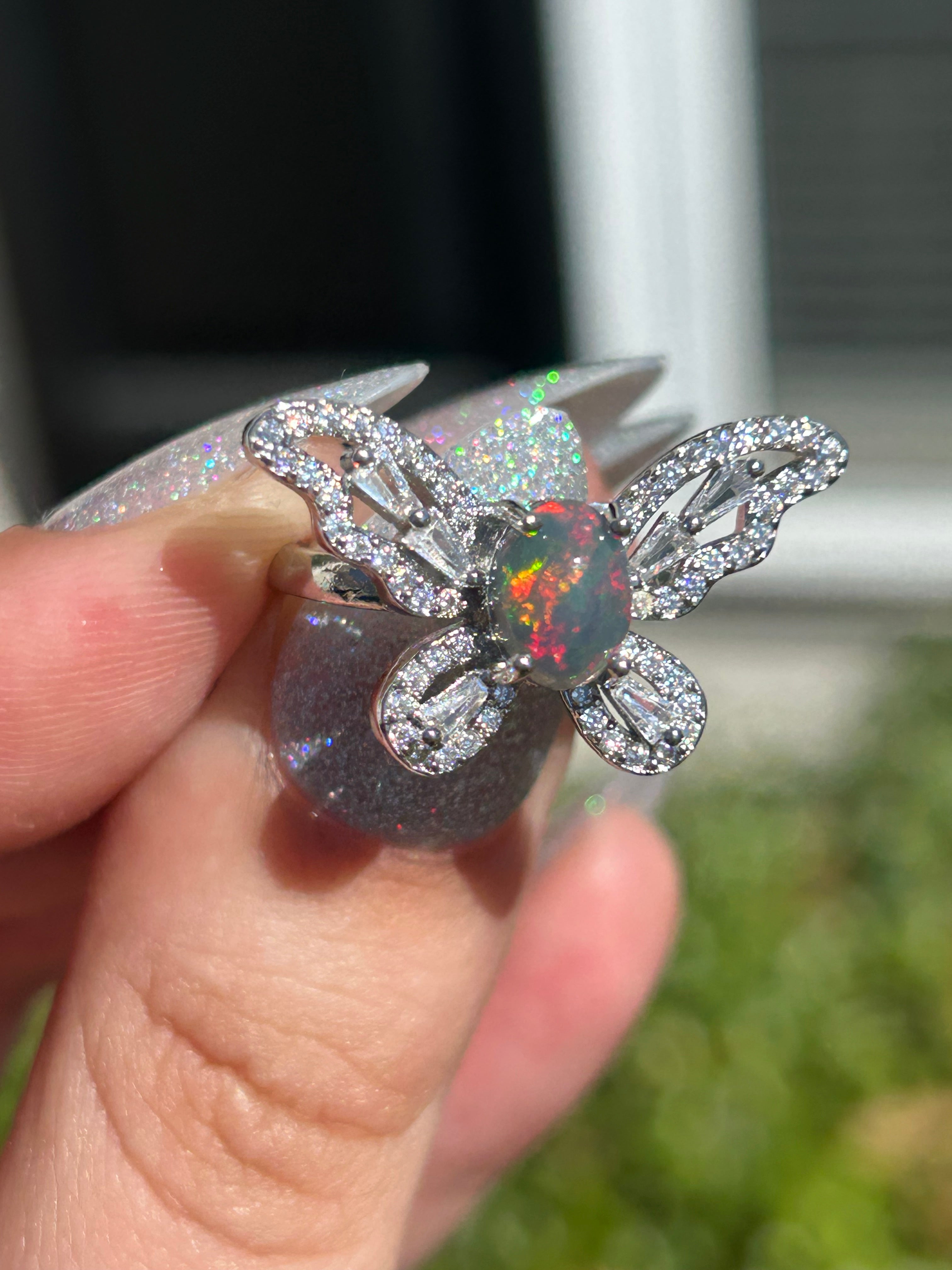 Black Opal Butterfly Adjustable Ring