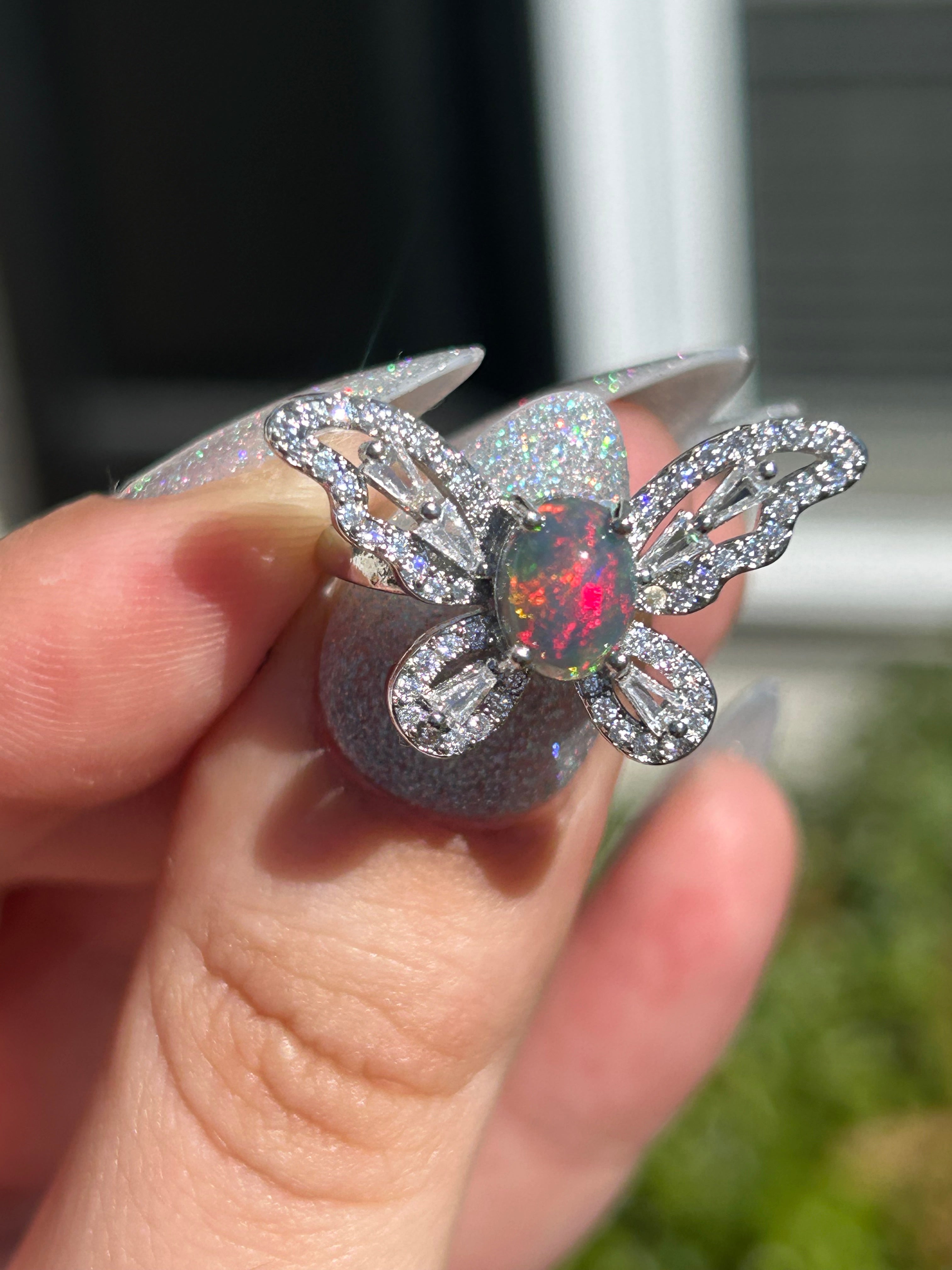 Black Opal Butterfly Adjustable Ring