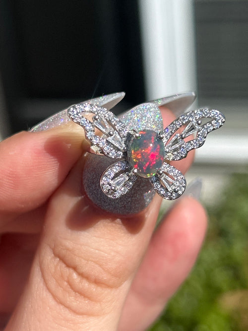 Black Opal Butterfly Adjustable Ring